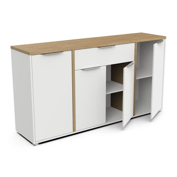 ADGANG skænk - 4 låger + 1 skuffe - Hamilton eg og hvid indretning - L 160,7 x D 39,6 x H 85,6 cm - DEMEYERE Matt vit och ljust trä