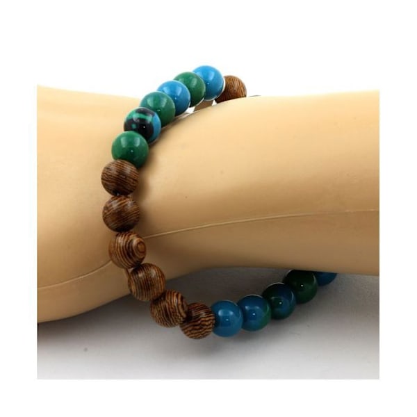 Armband - ABIJOUX - Krysokolla + Trä - 8 mm - Längd 19-20 cm - Tillverkad i Frankrike Grön