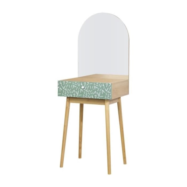 Sminkbord 1 låda 1 spegel - Ek och grön dekor - Ben i massivt trä - L 50 x D 40 x H 135 cm - GARDENIA