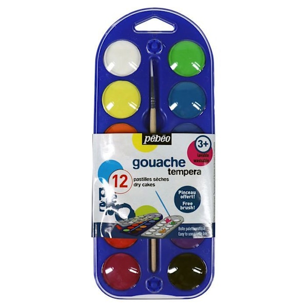 Gouache-ask med 12 olika färgpastiller + 1 borste Flerfärgad