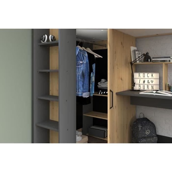 PARISOT HIGH kombinerad mezzaninbädd för barn - Ek och grå - Boxfjäder ingår - 90 x 200 cm Ek/Grå