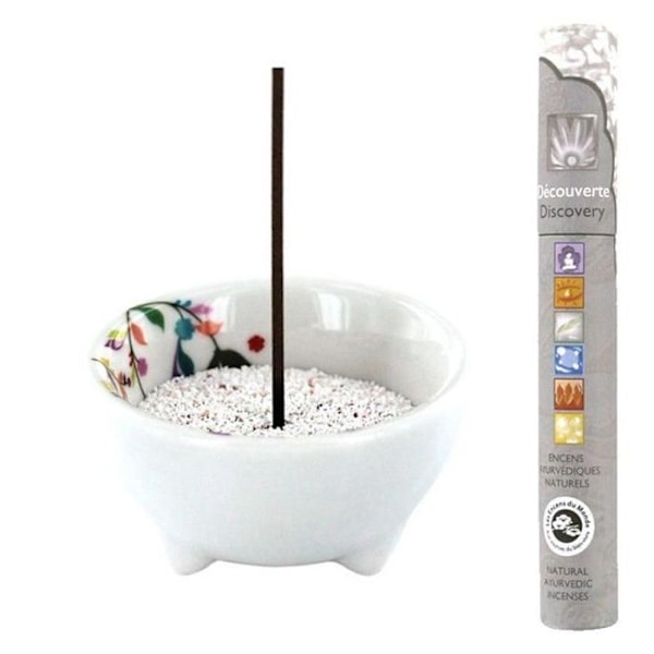 Vegetabilsk porcelænsrøgelsesholder + 14 ayurvediske røgelsespinde