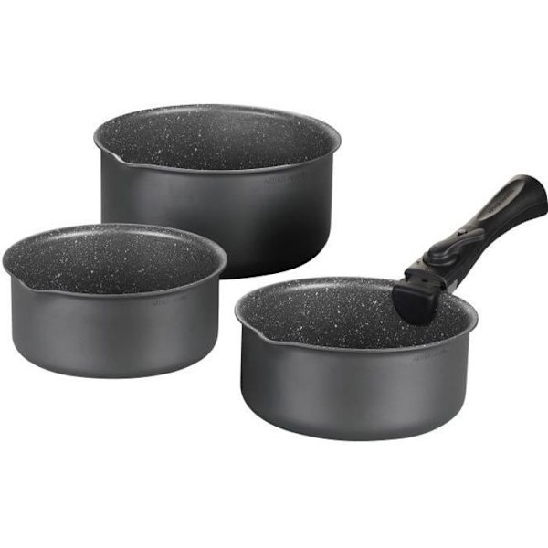 Set med 3 mattgrå kastruller 16-18-20 cm + 1 avtagbart handtag - Aluminium - Non-stick beläggning - Alla värmekällor inklusive induktion Matt grå