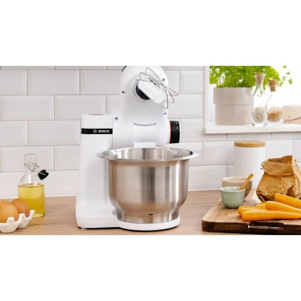 Kompakt multifunktionsrobot - BOSCH MUMS2EW20 - Stålskål - 3 skiver - blender 1,25L - Bagetilbehør inkluderet - hvid Vit