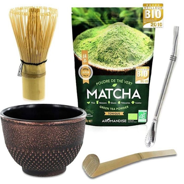 Matcha teboks + piskeris + bambusske + sort & lilla kop + sugerør i rustfrit stål med filter