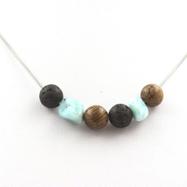 Kivet ja mineraalit. Puuhelmikaulakoru + Lava + Larimar Dominikaanisesta tasavallasta 8 mm Ruostumaton teräsketju.
