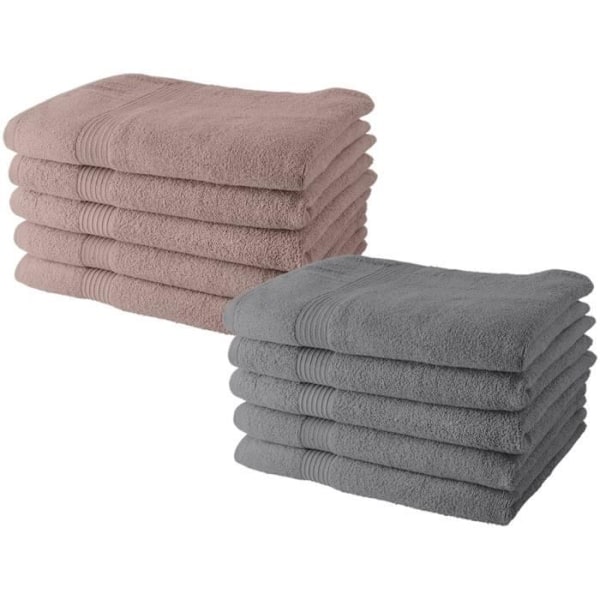 Set med 10 TODAY handdukar 50x90 cm 100% bomull - 5 sandrosor + 5 stål Grå och rosa