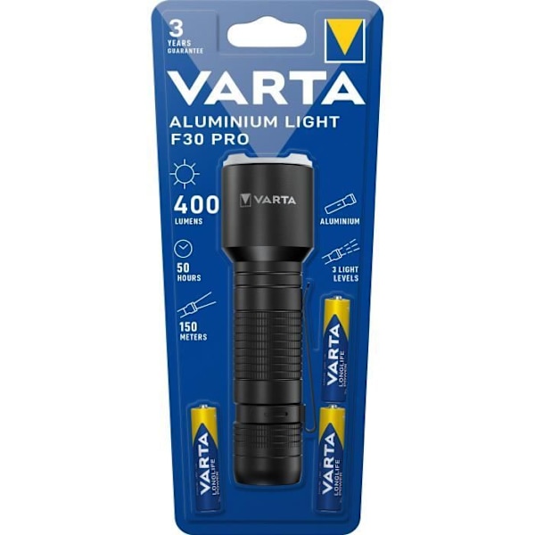 Taskulamppu-VARTA-alumiinivalo F30 Pro-400lm-tehokas LED-3 valaistustilaa-taskuklipsi-3 AAA-paristoa mukana Aluminium