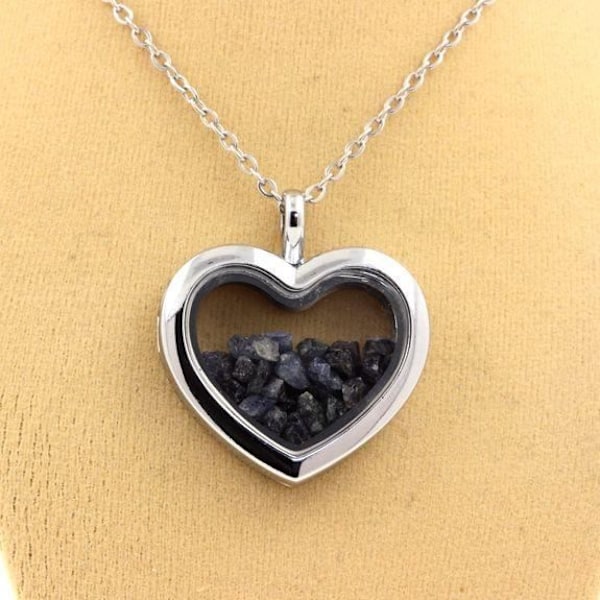 Collier - ABIJOUX - Model hjerte - Rustfrit stål - Flydende glas - Ubehandlet safir Blå
