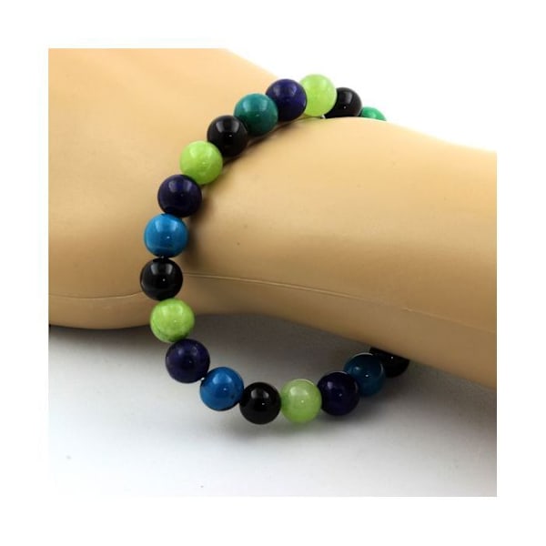 Stenar och mineraler. Lapis Lazuli + Chrysocolla + Peridot + Black Agate Beads Armband 8 Tillverkat i Frankrike. Blå, grön, svart