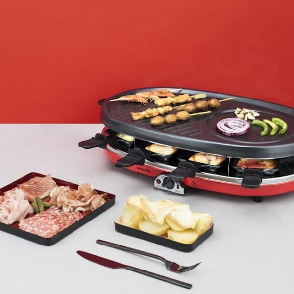 HKOENIG RP418 - 4 in 1 Raclette -kone - 8 henkilöä - 6 minipannukakkua - Grilli - Säädettävä lämpötila - 1500W - Lautaset