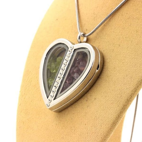 Collier - ABIJOUX - Rhodolite granat og rå peridot - Hjerte - Rustfrit stål - 36x40 mm röd grön
