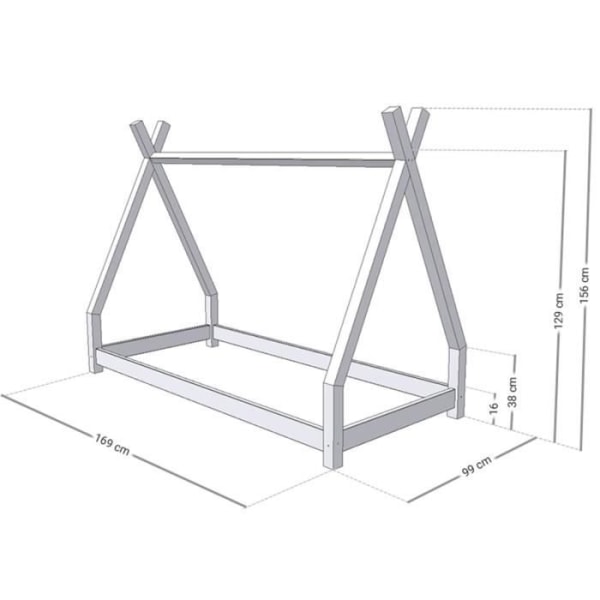 NAKANA Lasten Tipi-sänky - Massiivipuu - Luonnonlakka - 90 x 160 cm - Sälepohja - Helppo kasata