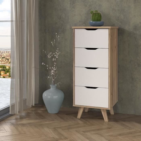 4-skuffers kommode - I spånplade - Eg og hvid indretning - Moderne - L 45 x D 42 x H 108 cm Matt vit / Naturlig ek