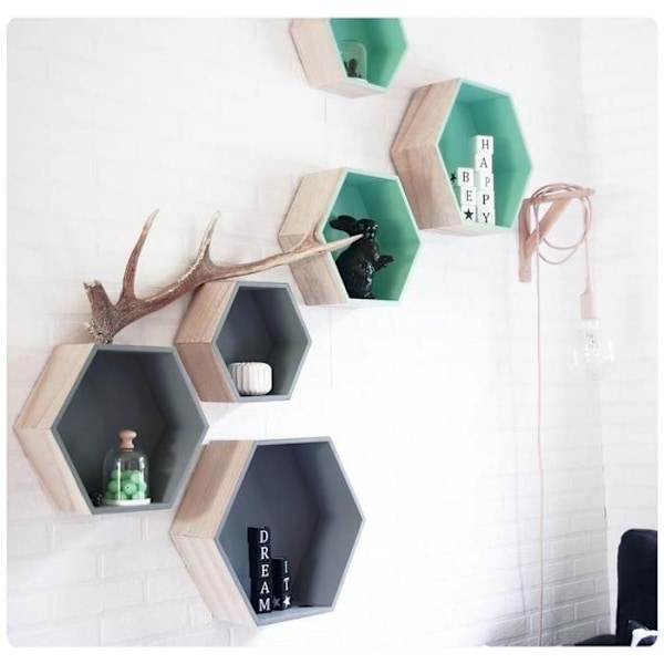 3 hexagonala hyllor i trä kastanj