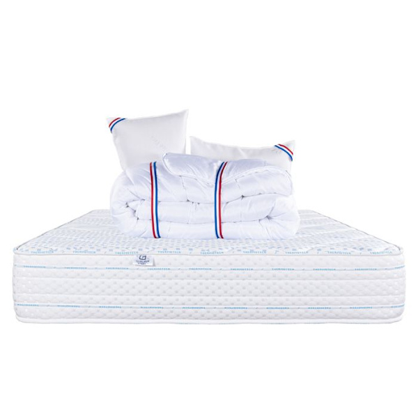 Madrass 180x200 cm, Thermotec, 24 cm, memory foam, fast, sommar/vintersida + 2 kuddar + täcke Vit