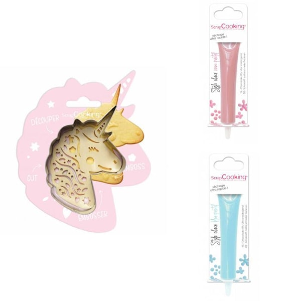 Unicorn kohokuvioitu keksipakkaus + 2 pastellin vaaleanpunaista ja pastellinsinistä suklaakynää Grå