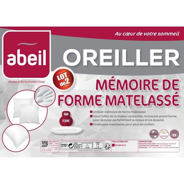 ABEIL Setti 2 tikattua Memory Foam -tyynyä - 60x60 cm - Valkoinen Vit