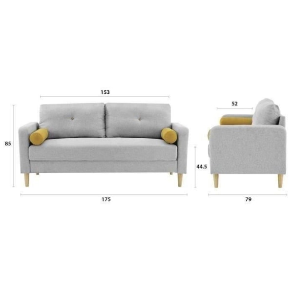 3-sits soffa + 2 kuddar - Ljusgrått tyg - L 175 x D 80 x H 85 cm - KÖPENHAGEN