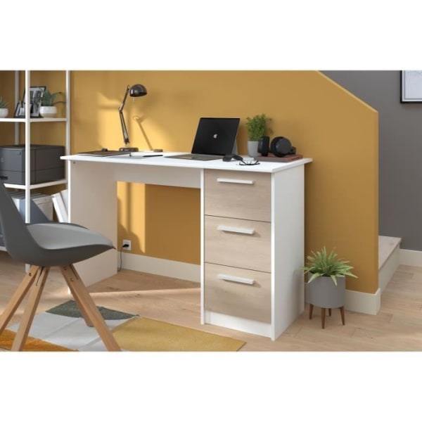 ESSENTIEL PARISOT skrivbord med 3 lådor - Ek och vit dekor - L 121,2 x D 55 x H 74,5 cm - Tillverkat i Frankrike