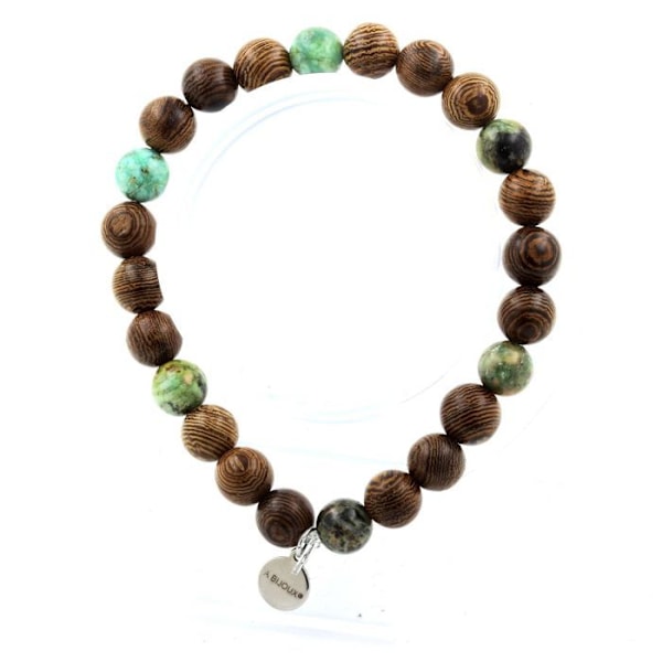 Sten og mineraler. Peruansk turkis perler armbånd + 8 mm træ. Fremstillet i Frankrig. Blå