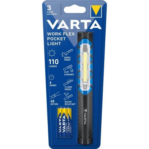 Torch-VARTA-Work Flex Pocket Light-110lm-Compact-High performance LED-IPX4-magnetic-pocket clip-3 AAA-batterier ingår