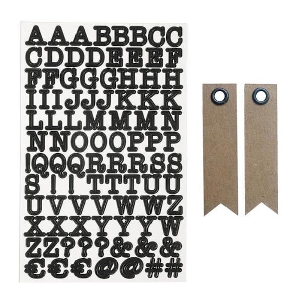 Mustat aakkos- ja numerotarrat + 20 kraft-viiritarraa Svart