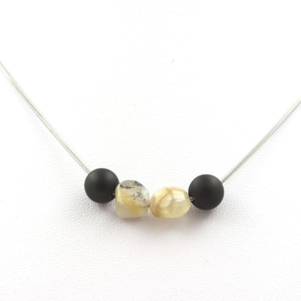 Collier - A Bijoux - Mat sort onyx & Multifarvet opal - 8 mm - Rustfrit stål - Unisex Svart, Flerfärgad