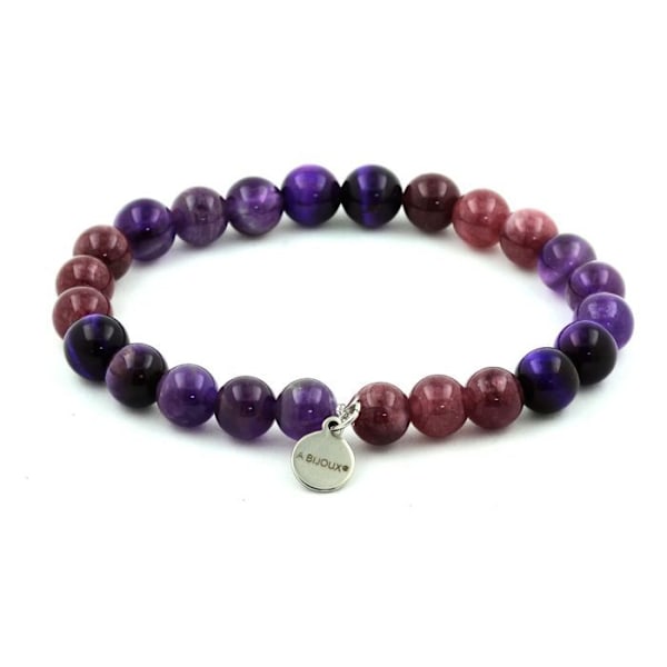 Sten og mineraler. Lilla Tiger Eye Beads Armbånd + Ametyst + Lepidolite 8 mm. Fremstillet i Frankrig. Lila