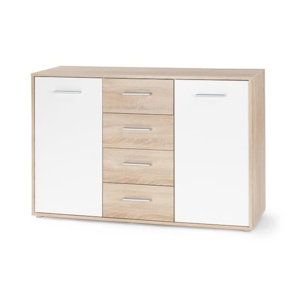 PILVI matala senkki - 2 ovea ja 4 laatikkoa - Valkoinen ja Sonoma tammi - P 122,6 x S 34,2 x K 81,1 cm Vit / sonoma ek