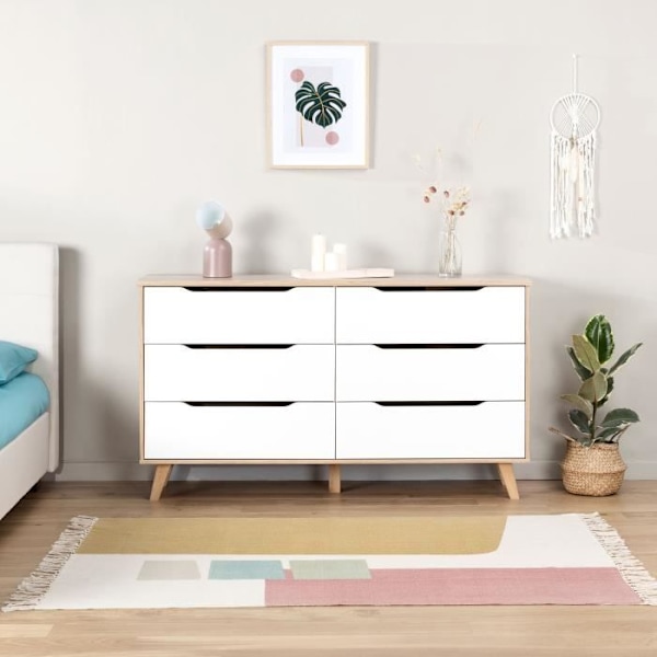 6-skuffers kommode - I spånplade - Eg og hvid indretning - Moderne - L 154 x D 42 x H 86 cm Matt vit / Naturlig ek