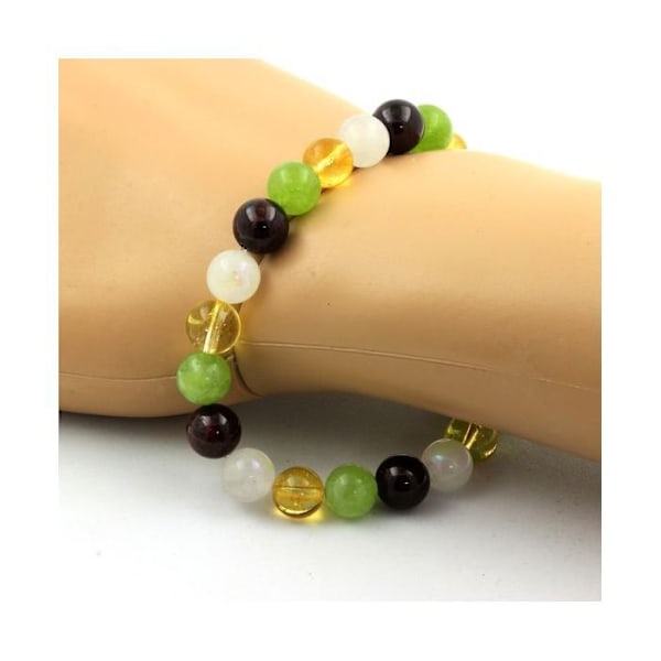 Stenar och mineraler. Citrin + Granat + Månsten + Peridot Beads Armband 8 mm. Tillverkad i Frankrike. Citrin + Granat + Månsten + Peridot