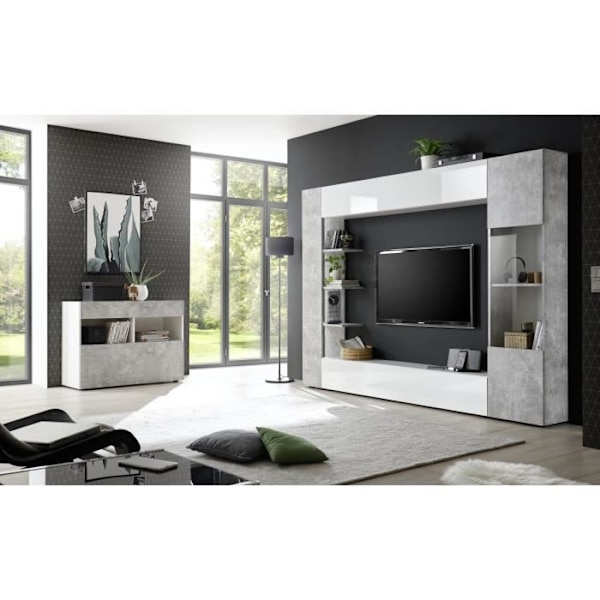 SIENNA TV vægsammensætning - Hvidlakeret og beton - L295 x D30 x H187 cm Blank vitlackerad och betongimitati