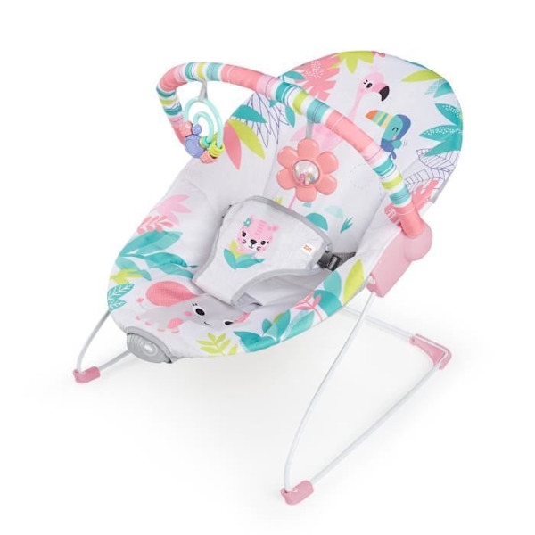 BRIGHT STARTS Pink Flamingo Baby Bouncer, rauhoittava tärinä, aktiviteettikaari interaktiivisilla leluilla Flerfärgad