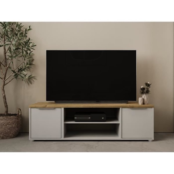 ACCESS TV-kaappi - 2 Ovea + 1 Niche - Hamiltonin tammi ja valkoinen sisustus - P 134,8 x S 39,6 x K 39,1 cm - DEMEYERE Matt vit och ljust trä