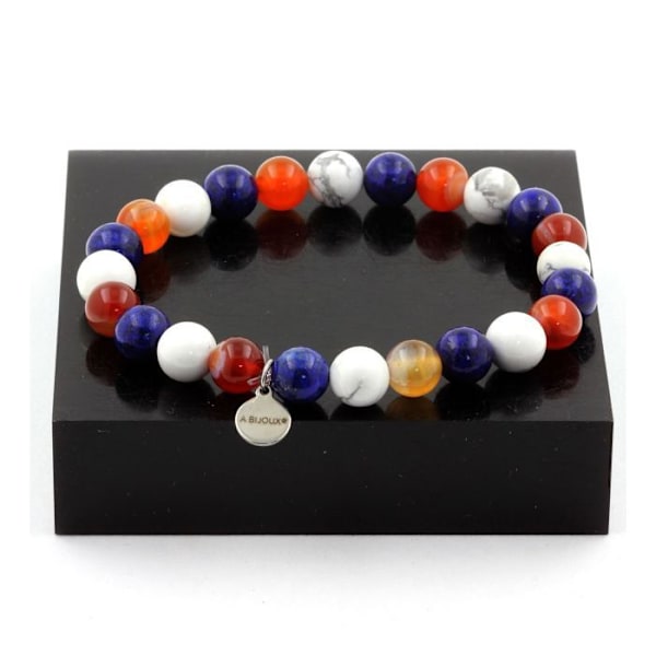 Sten og mineraler. Båndet Agat + Howlite + Lapis Lazuli Perlearmbånd 8 mm. Fremstillet i Frankrig. Bandad Agat + Howlite + Lapis Lazuli