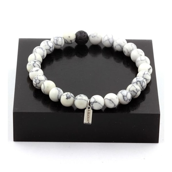 Sten og mineraler. Howlite + Lava Beads Armbånd 8 mm. Fremstillet i Frankrig. Vit och svart