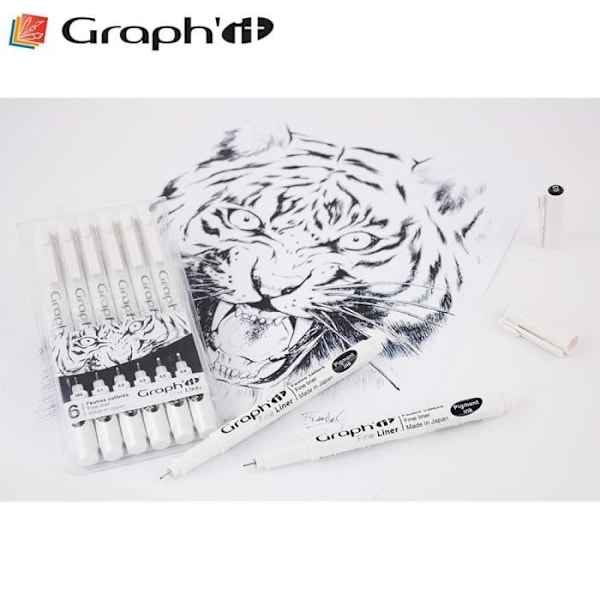 Stylus tuscher fine liners - Graph'It - Pakke med 6 - Sort - Varierede størrelser - Pigmenteret vandbaseret blæk Svart