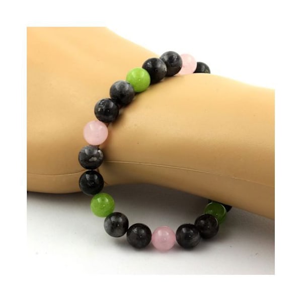 Kivet ja mineraalit. Peridot + Labradorite + Rose Quartz Helmet Rannekoru 8 mm. Tehty Ranskassa. Grön, Grå, Rosa