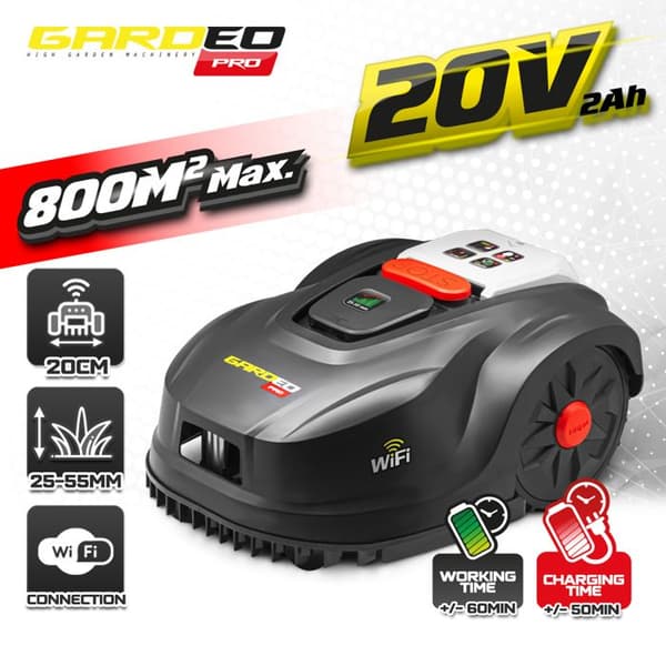 Robotplæneklipper - GARDEO - GRO20V20WIFI-2A - 20V - 800m² - Programmerbar Wifi Svart