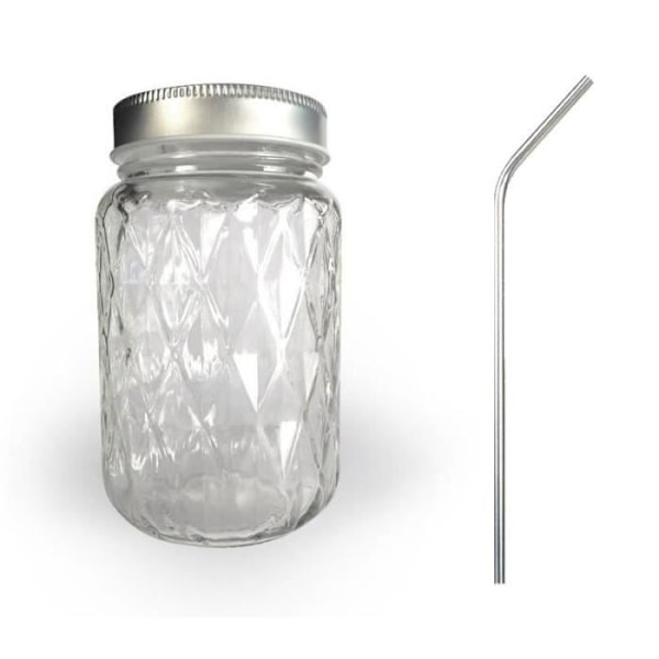 Mason Jar Jar - Mærke - 37,5 cl diamant - Hvid - Fryser/Opvaskemaskine/Ovn - 4 sugerør i rustfrit stål Vit