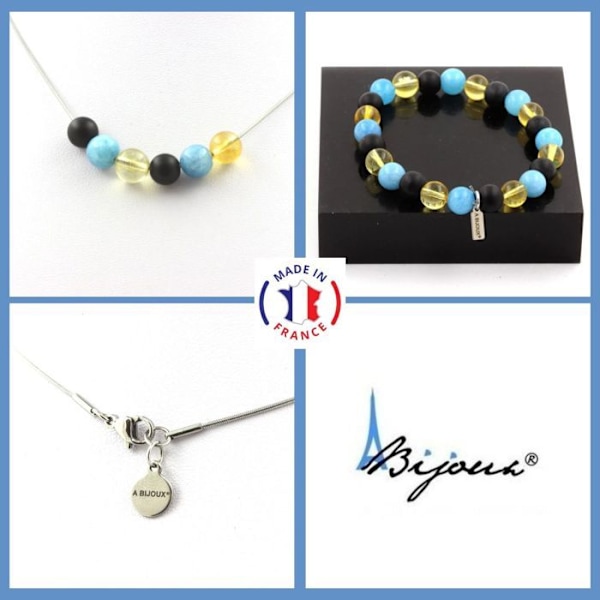 Sten og mineraler. Citrin Beads Armbånd Halskæde Sæt + Blå Kalcedon + Sort Onyx Tilpasselig størrelse. Blå