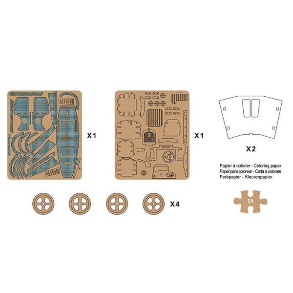 3D MDF puinen malli - Sininen auto - 27,5 x 10,5 cm kastanj