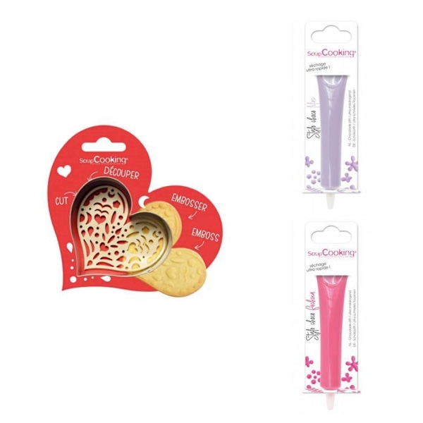 Hjertepræget kiksesæt + 2 lilla og fuchsia chokoladepenne Grå