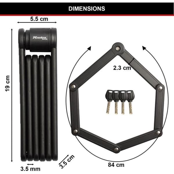 Hopfällbart cykellås - MASTER LOCK - 8335EURDPRO - Härdat stål, 4 nycklar, stöd ingår Svart