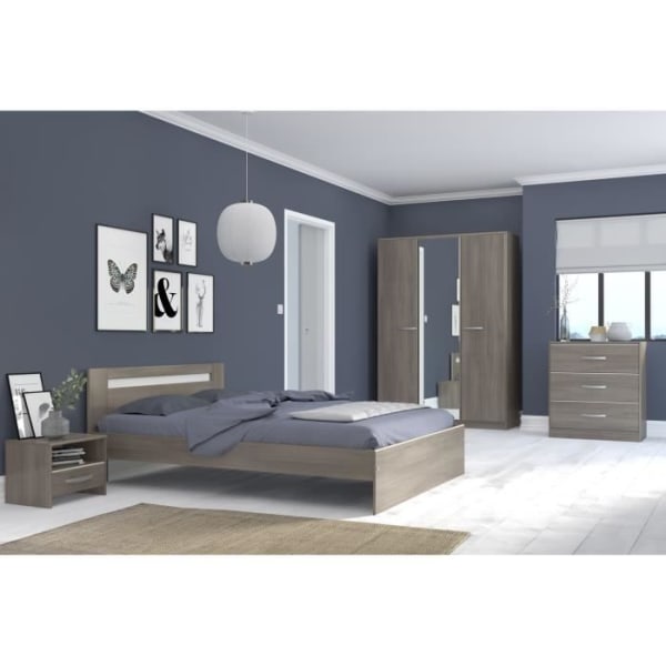 PARISOT Komplett sovrum för vuxna - Modernt - Silvervalnötsdekor - B 140 x B 190 cm - YSA Silver valnöt dekor