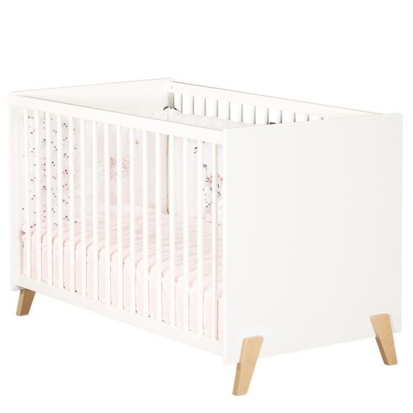 Vauvansänky - 120 x 60 cm - Babyprice Joy Natural - Valkoinen - Luonnollisilla puisilla jaloilla VIT