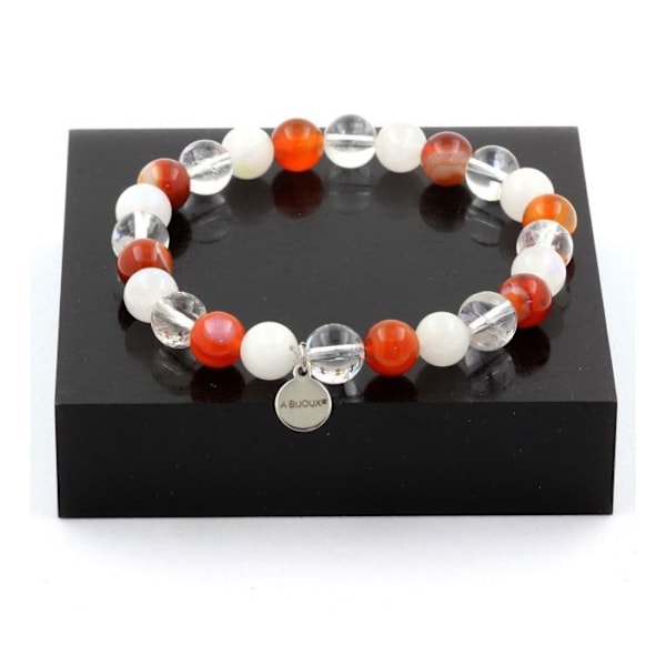 Sten og mineraler. Armbånd Quartz Beads + Moonstone + Banded Agate 8 mm. Fremstillet i Frankrig.