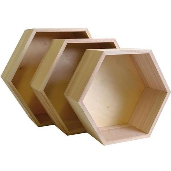 3 hexagonala hyllor i trä kastanj
