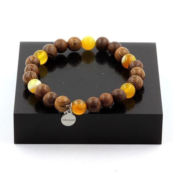 Kivet ja mineraalit. Keltainen Sardonyx Beads Rannekoru + 8 mm puuta. Tehty Ranskassa. Gul